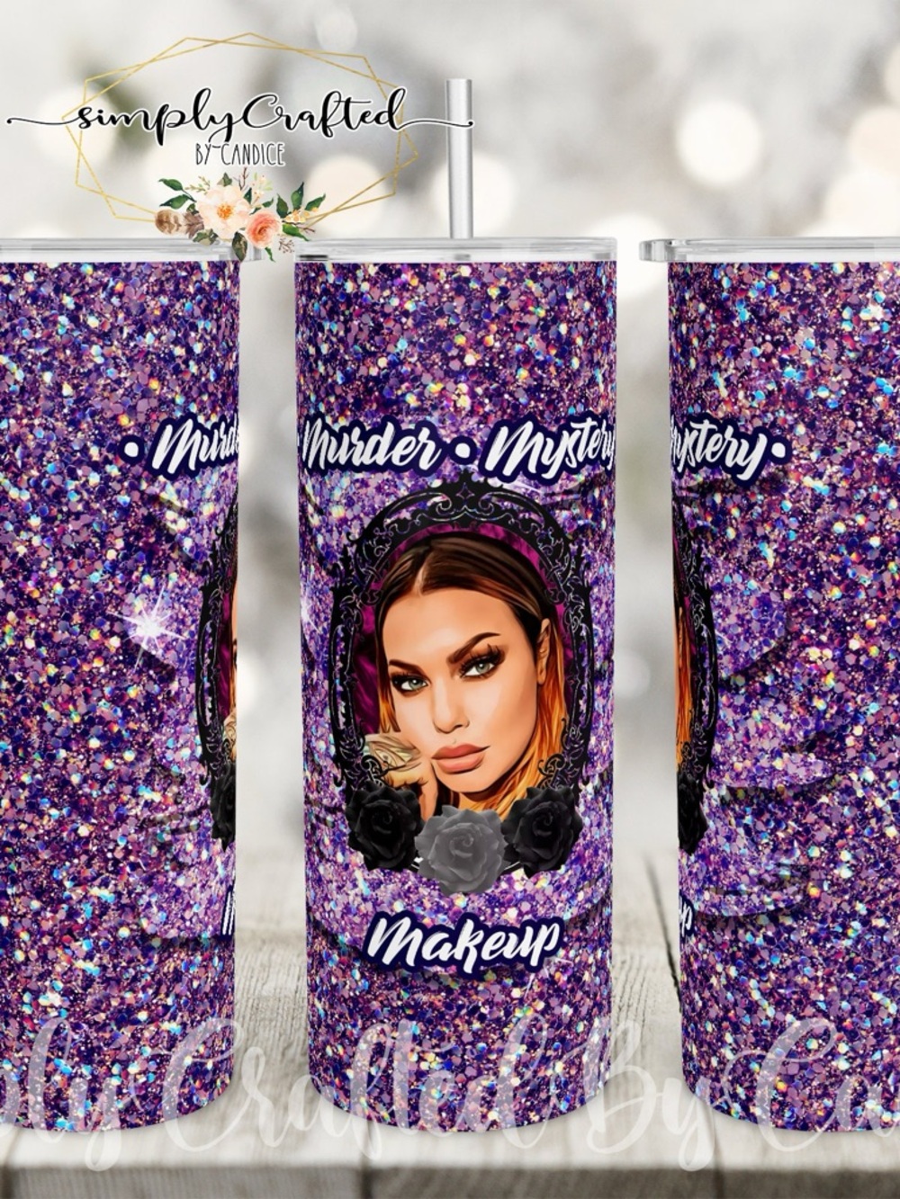 New Bailey Sarian Murder Mystery Makeup Purple Glitter Tumbler